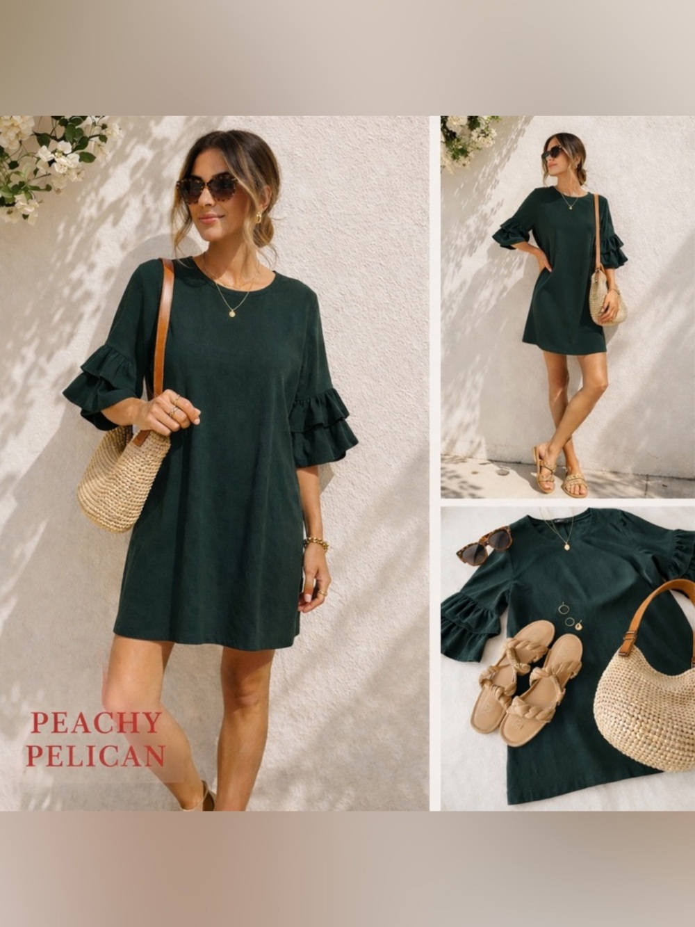 Zara Hunter Green Ruffle Sleeve Cotton Mini T-Shirt Dress Size Small